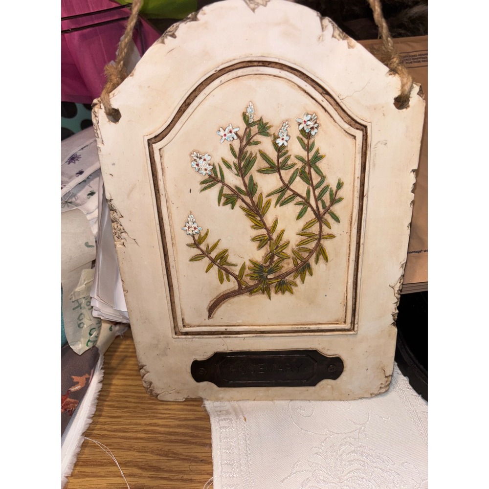 Vintage Rustic Stone Rosemary Botanical Wall Plaque Distressed Herb Decor